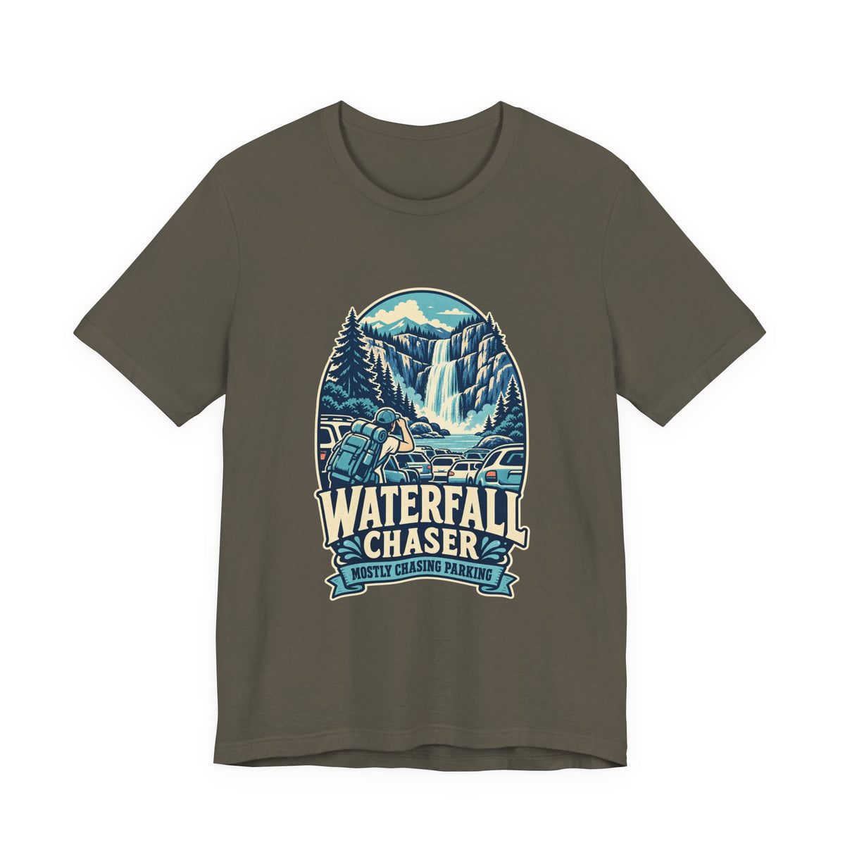 Waterfall Chaser T-Shirt — Mostly Chasing Parking Funny Road Trip Hiking Tee