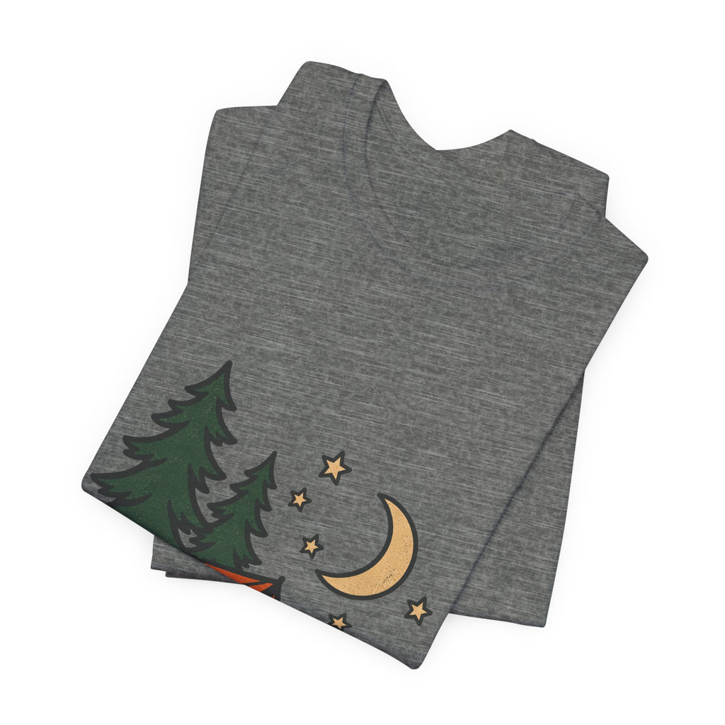 Vintage Camping Night T-Shirt with Tent, Campfire, Pine Trees, Moon and Stars