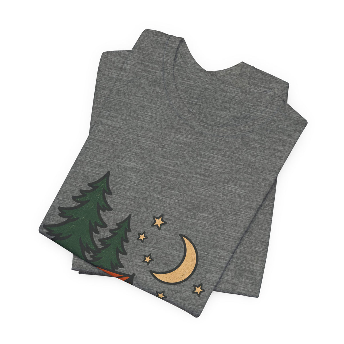Vintage Camping Night T-Shirt with Tent, Campfire, Pine Trees, Moon and Stars
