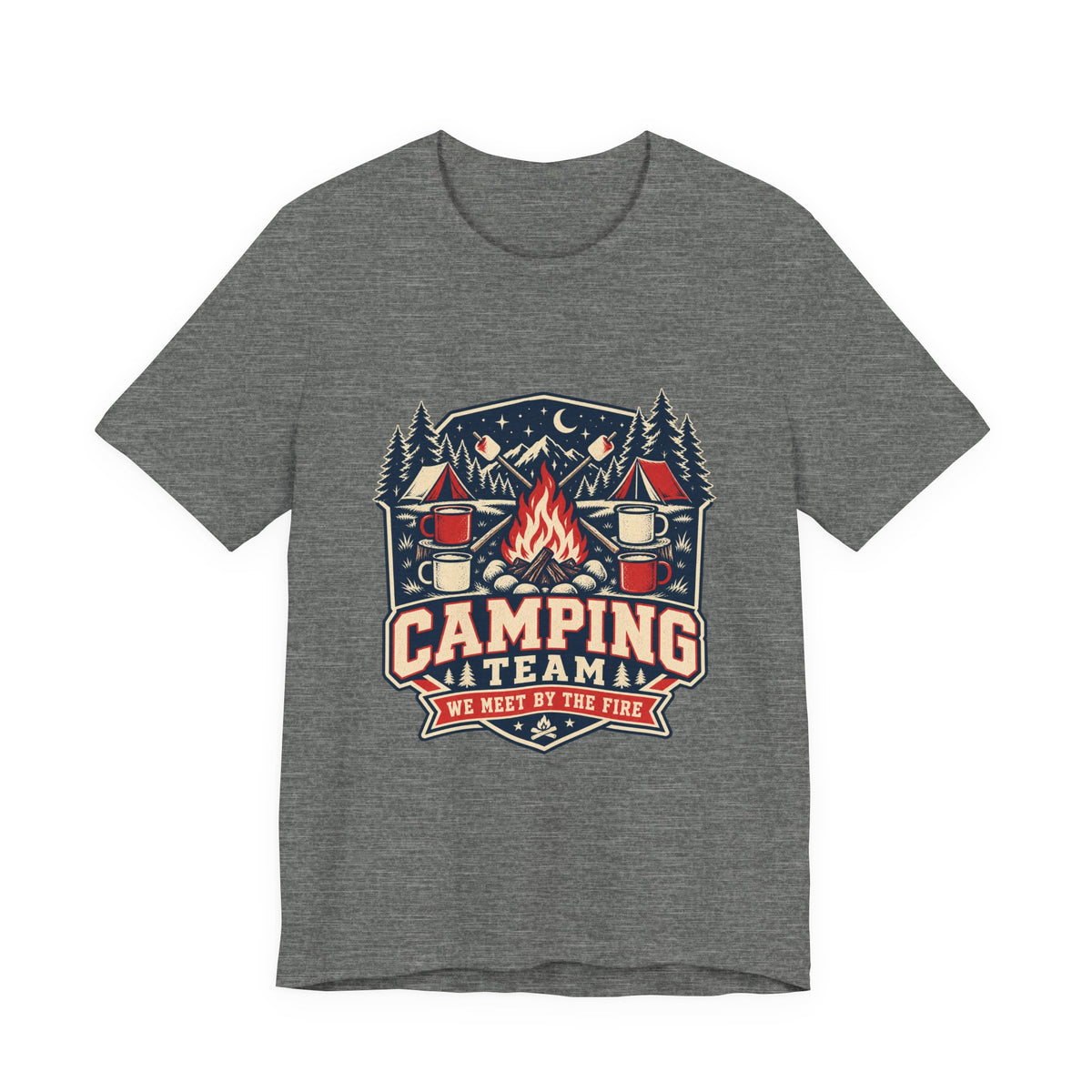 Camping Team T-Shirt — Vintage Campfire Adventure Tee with “We Meet by the Fire”