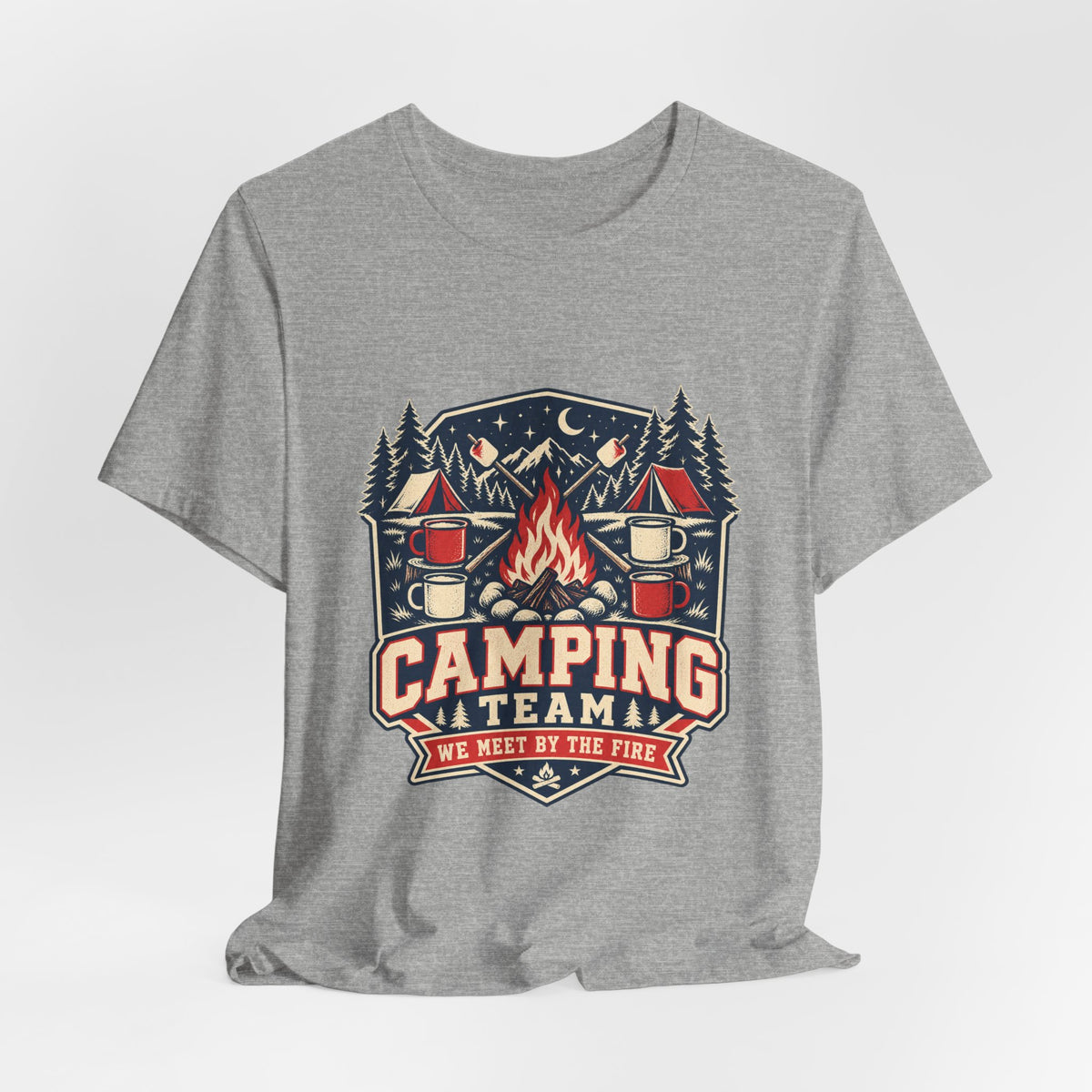 Camping Team T-Shirt — Vintage Campfire Adventure Tee with “We Meet by the Fire”