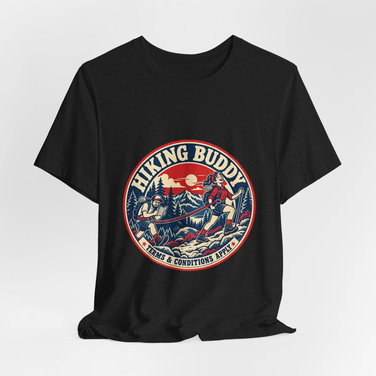 Hiking Buddy T-Shirt — Vintage Mountain Trekking Tee with Terms & Conditions Apply