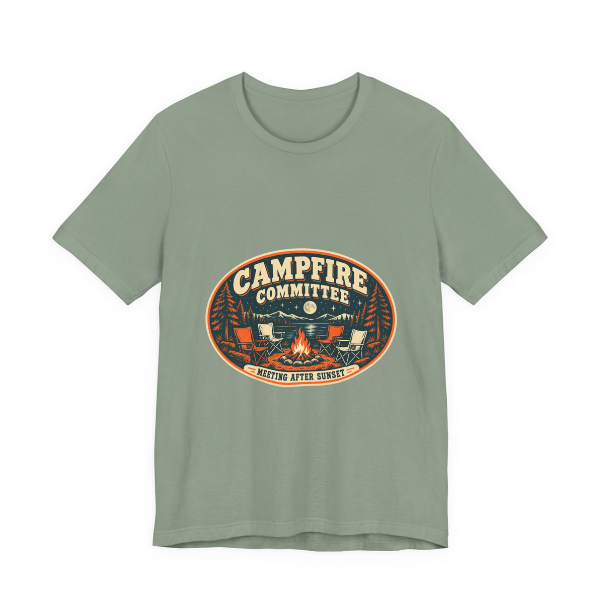 Campfire Committee T-Shirt — Meeting After Sunset Vintage Camping Badge Tee
