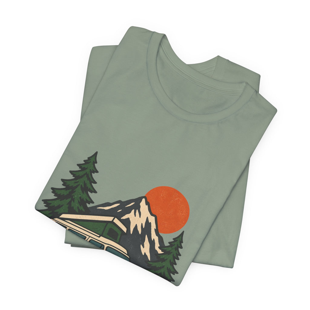 Retro Camper Van Camping T-Shirt — Mountain Road Trip & Campfire Adventure Tee