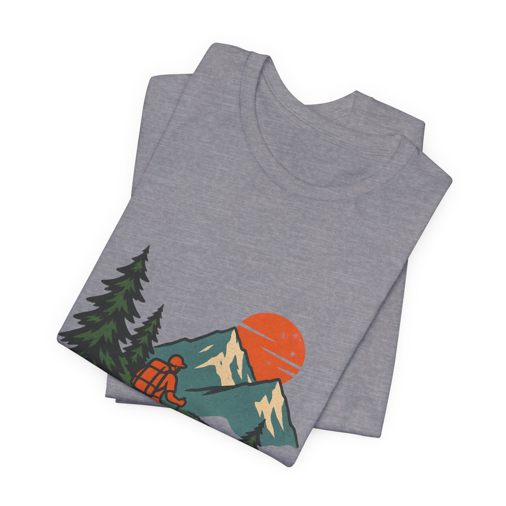 Retro Trail Hiker Mountain Sunset T-Shirt — Vintage Hiking Adventure Tee