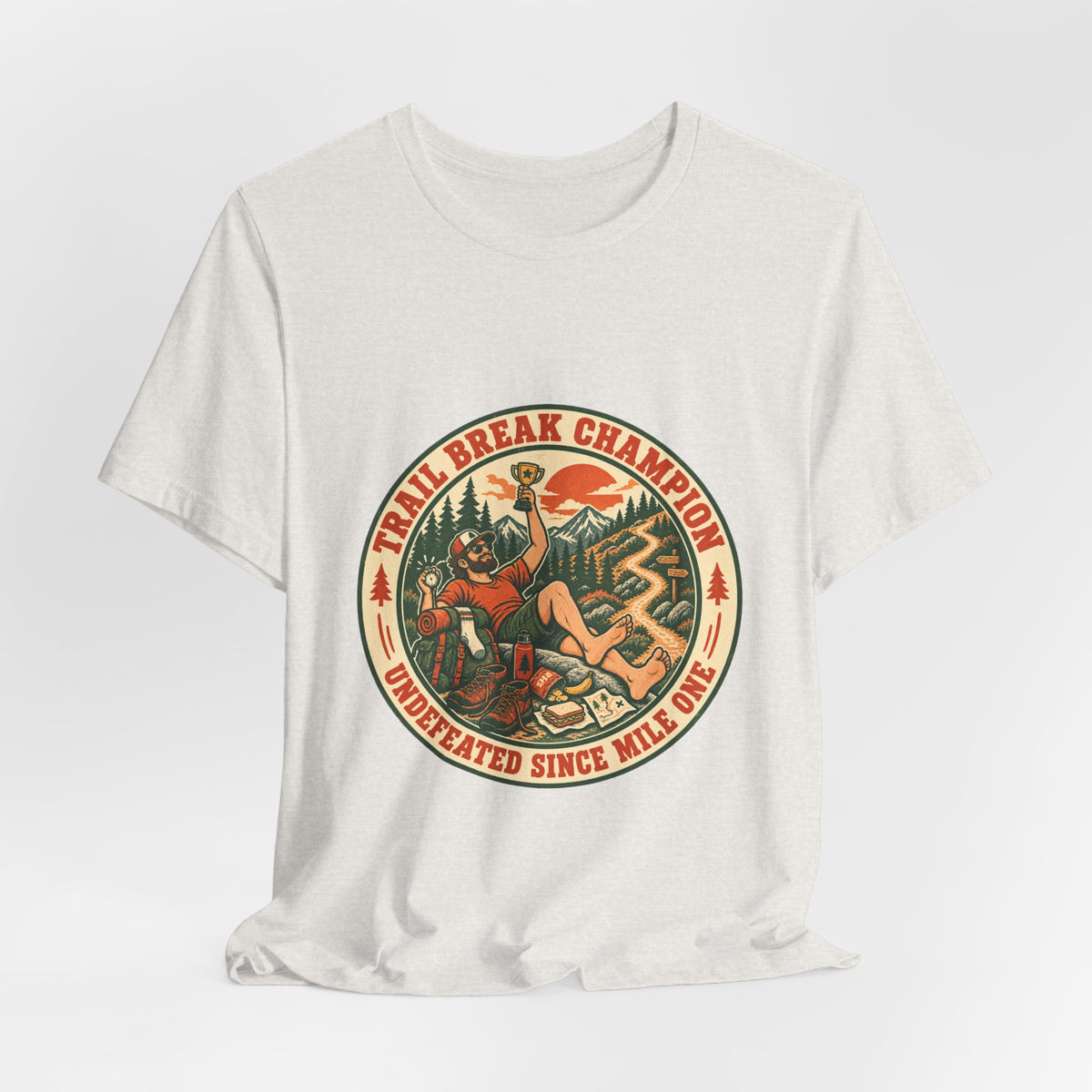 Trail Break Champion T-Shirt — Underrated Since Mile One Vintage Hiking Badge Tee