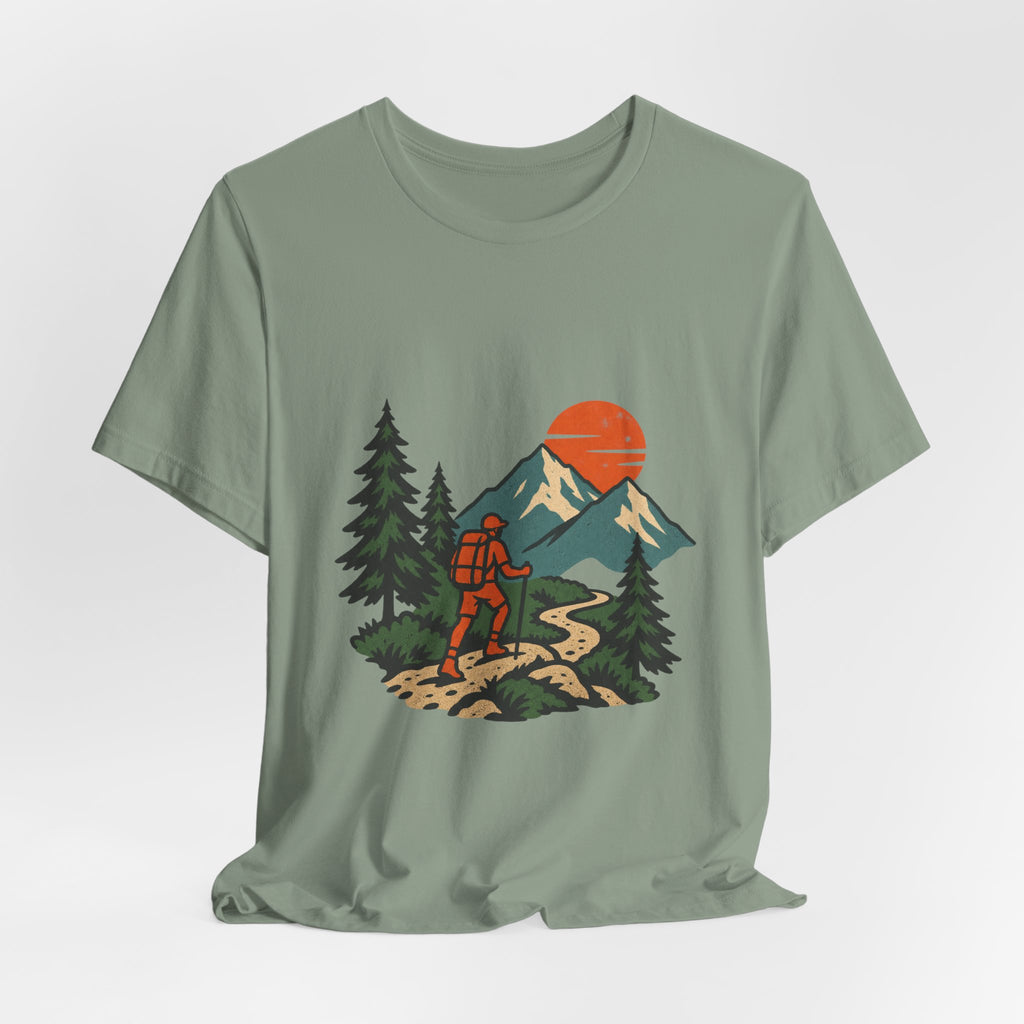 Retro Trail Hiker Mountain Sunset T-Shirt — Vintage Hiking Adventure Tee