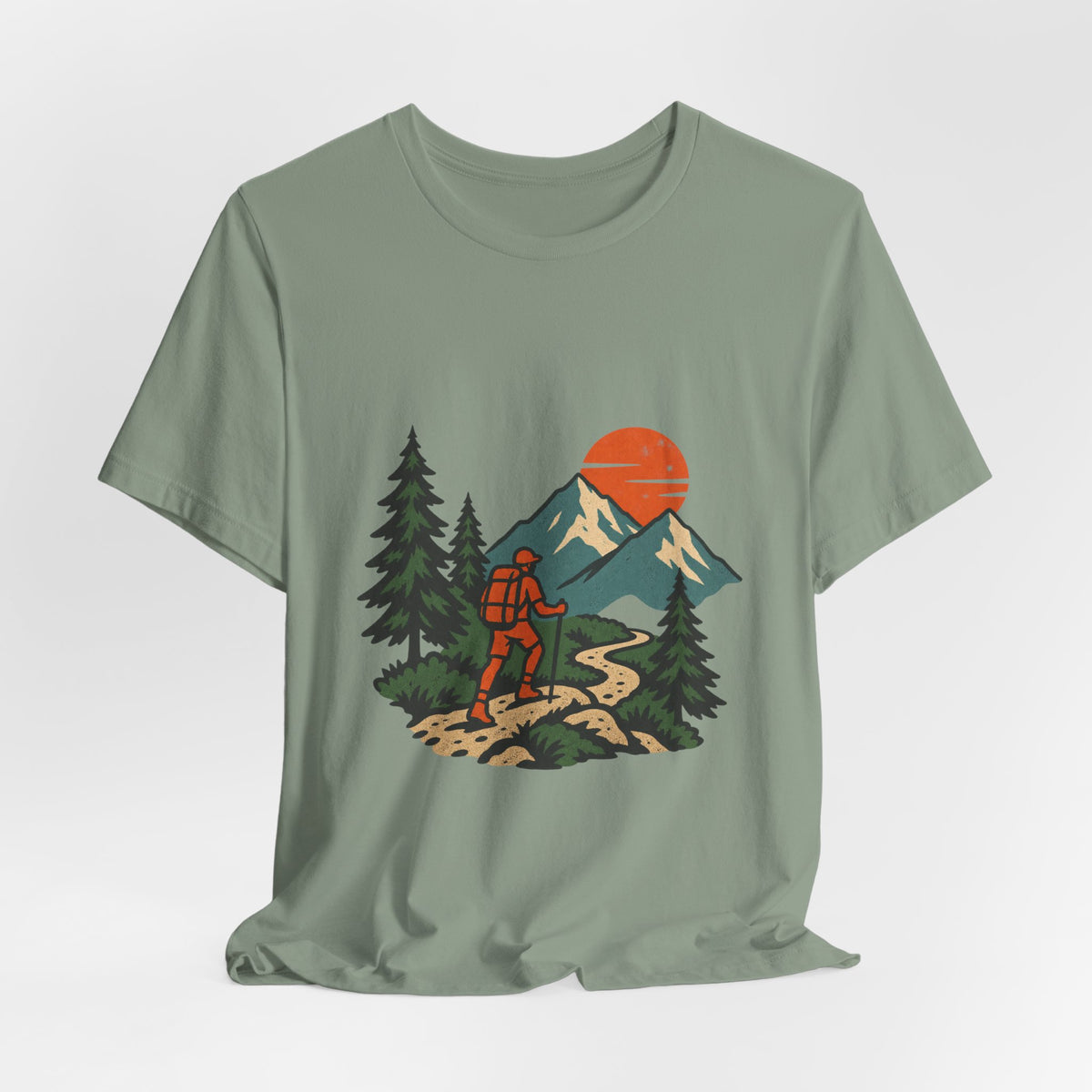 Retro Trail Hiker Mountain Sunset T-Shirt — Vintage Hiking Adventure Tee