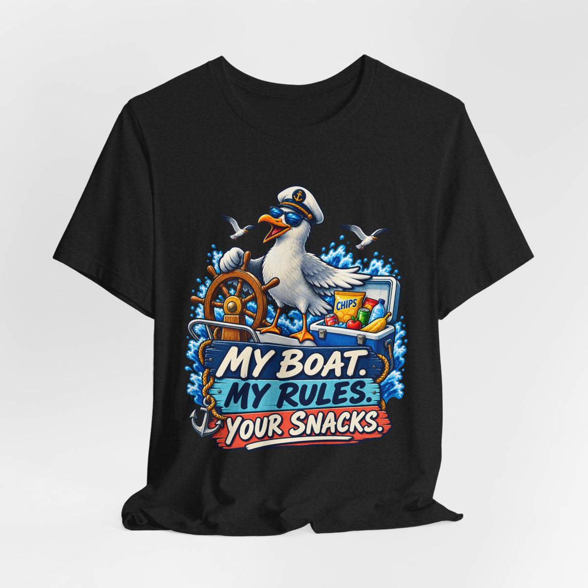 My Boat My Rules Your Snacks T-Shirt — Funny Nautical Seagull Captain Boating Tee