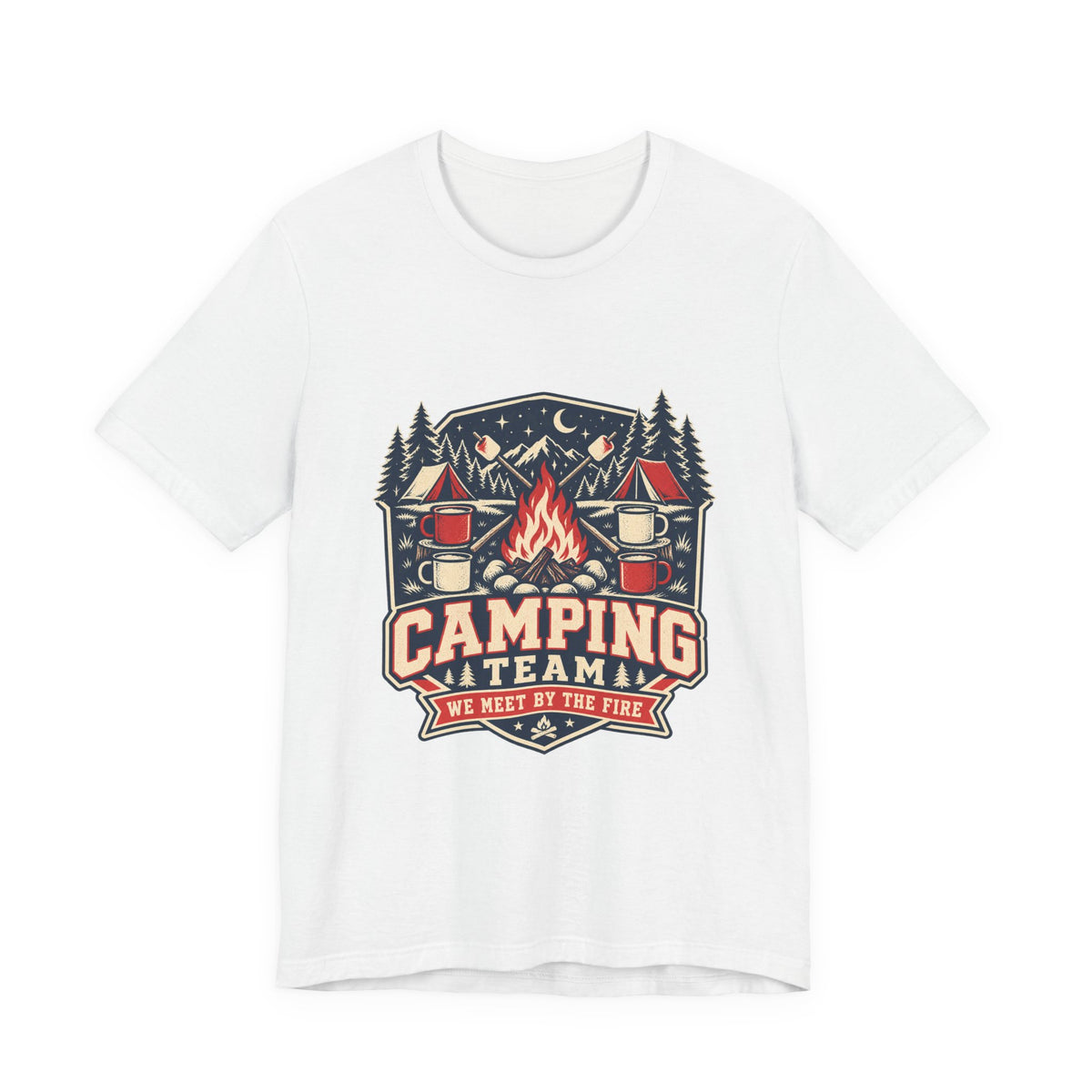 Camping Team T-Shirt — Vintage Campfire Adventure Tee with “We Meet by the Fire”