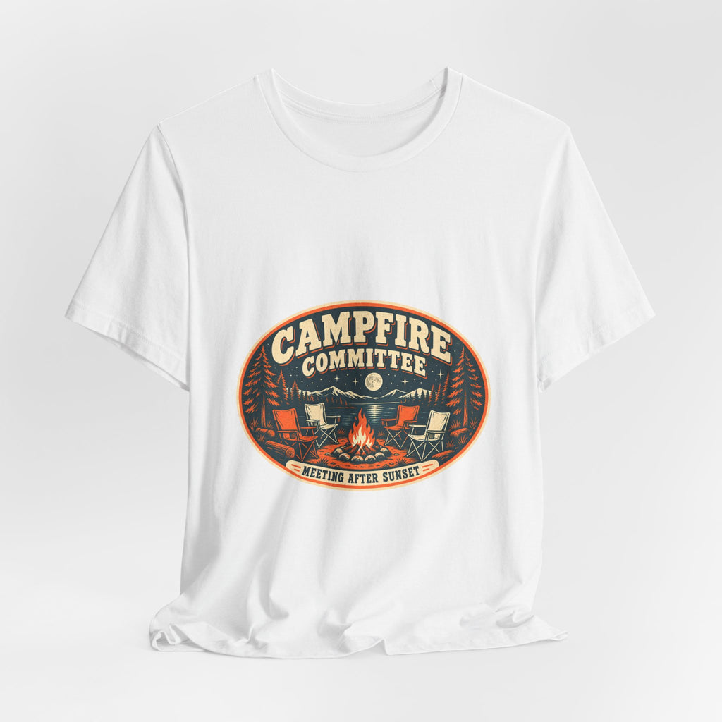 Campfire Committee T-Shirt — Meeting After Sunset Vintage Camping Badge Tee