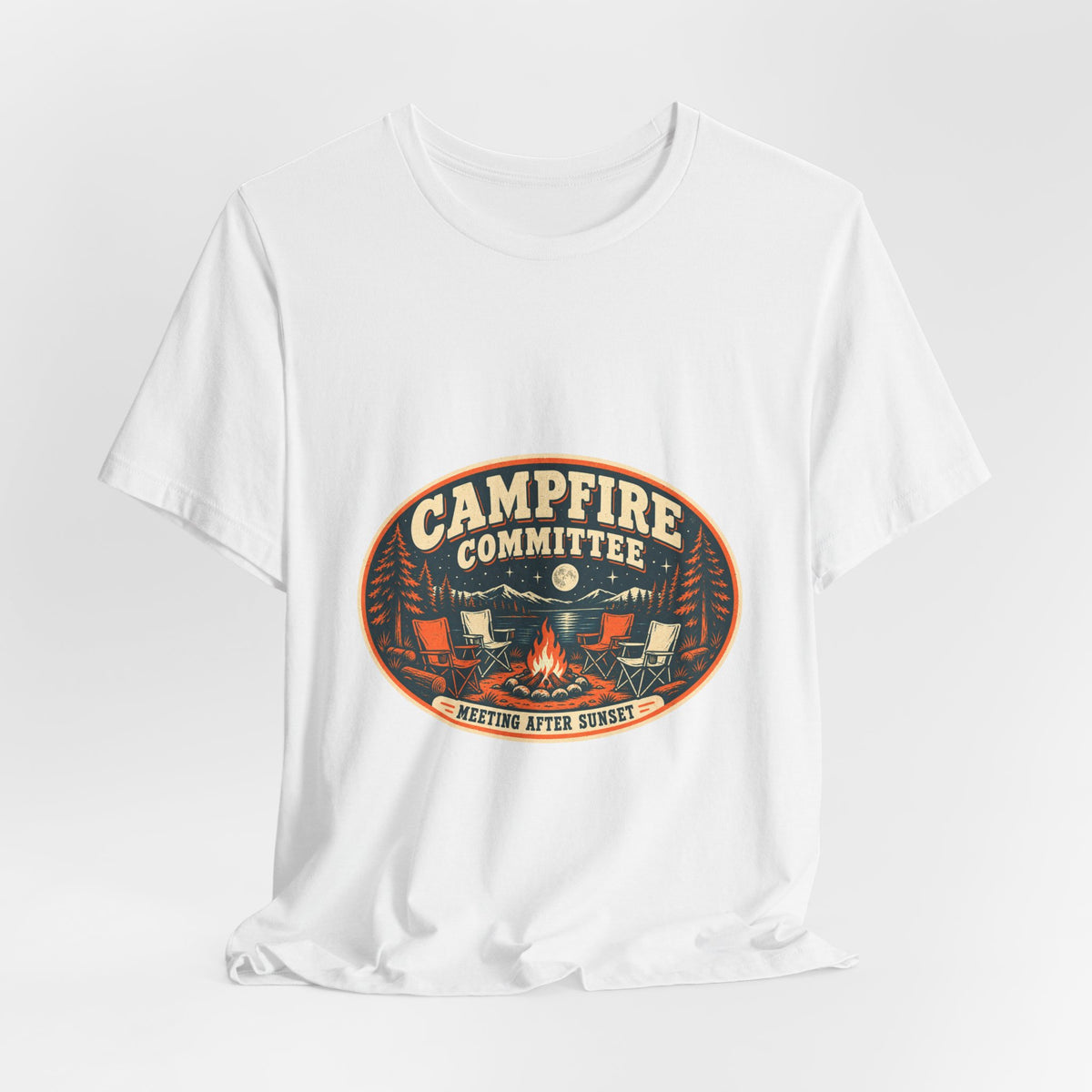 Campfire Committee T-Shirt — Meeting After Sunset Vintage Camping Badge Tee