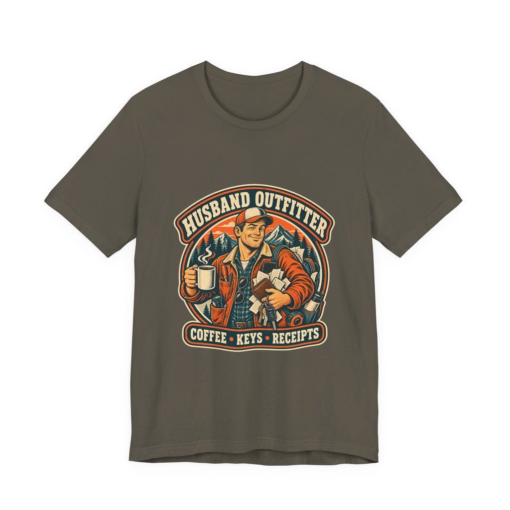 Husband Outfitter Coffee Keys Receipts T-Shirt — Retro Multitasker Husband Humor Tee
