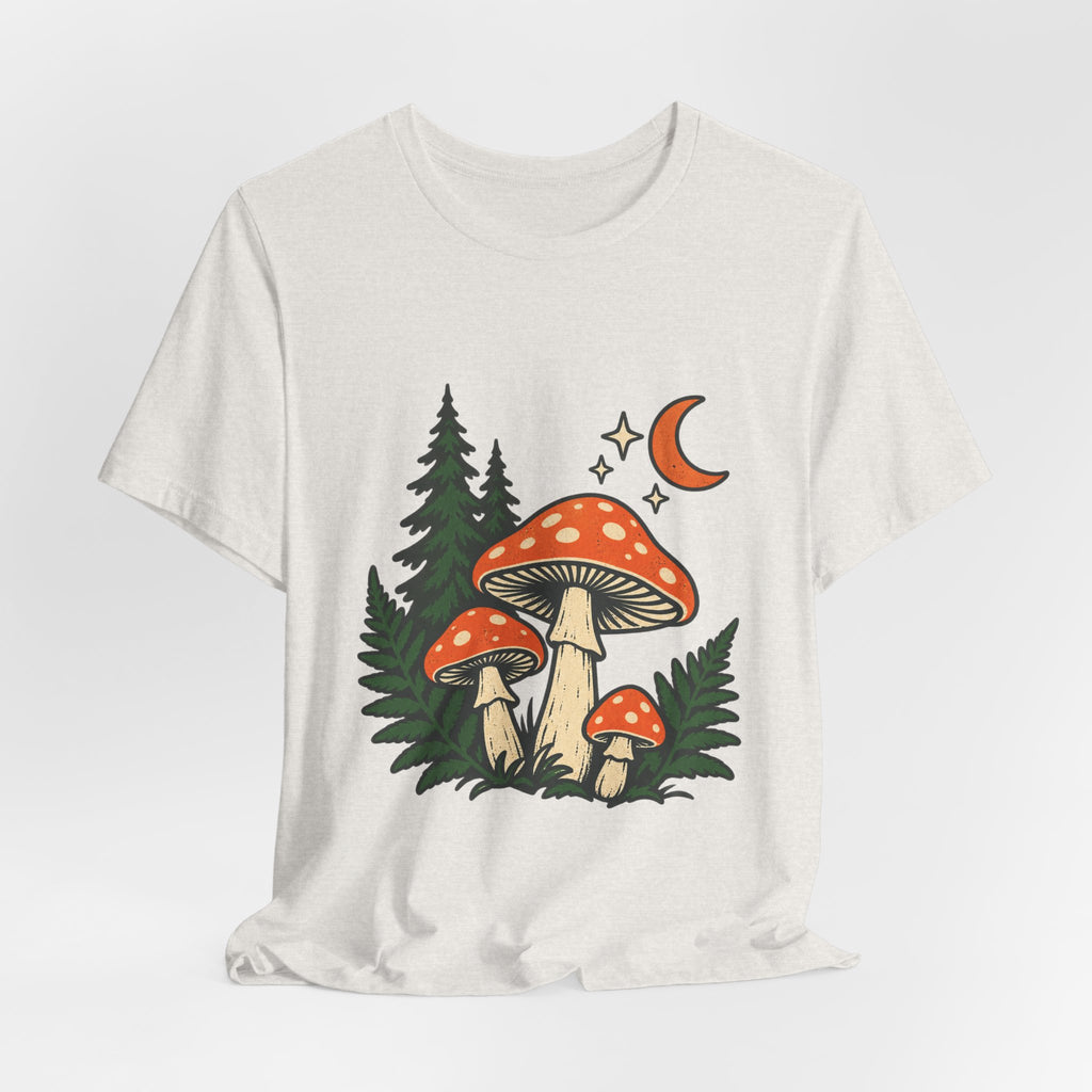 Vintage Mushroom Moon T-Shirt — Enchanted Forest Fungi Night Design