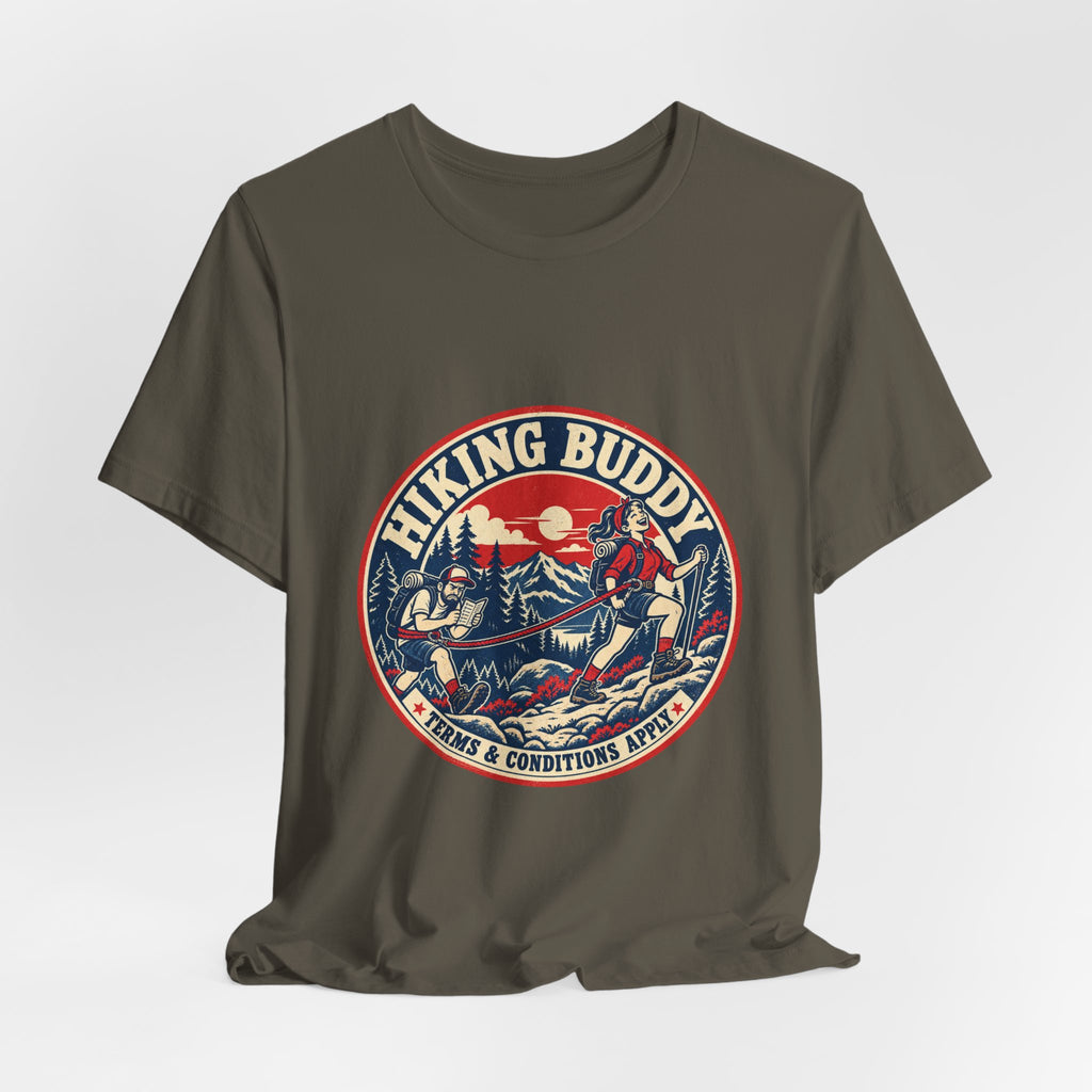 Hiking Buddy T-Shirt — Vintage Mountain Trekking Tee with Terms & Conditions Apply