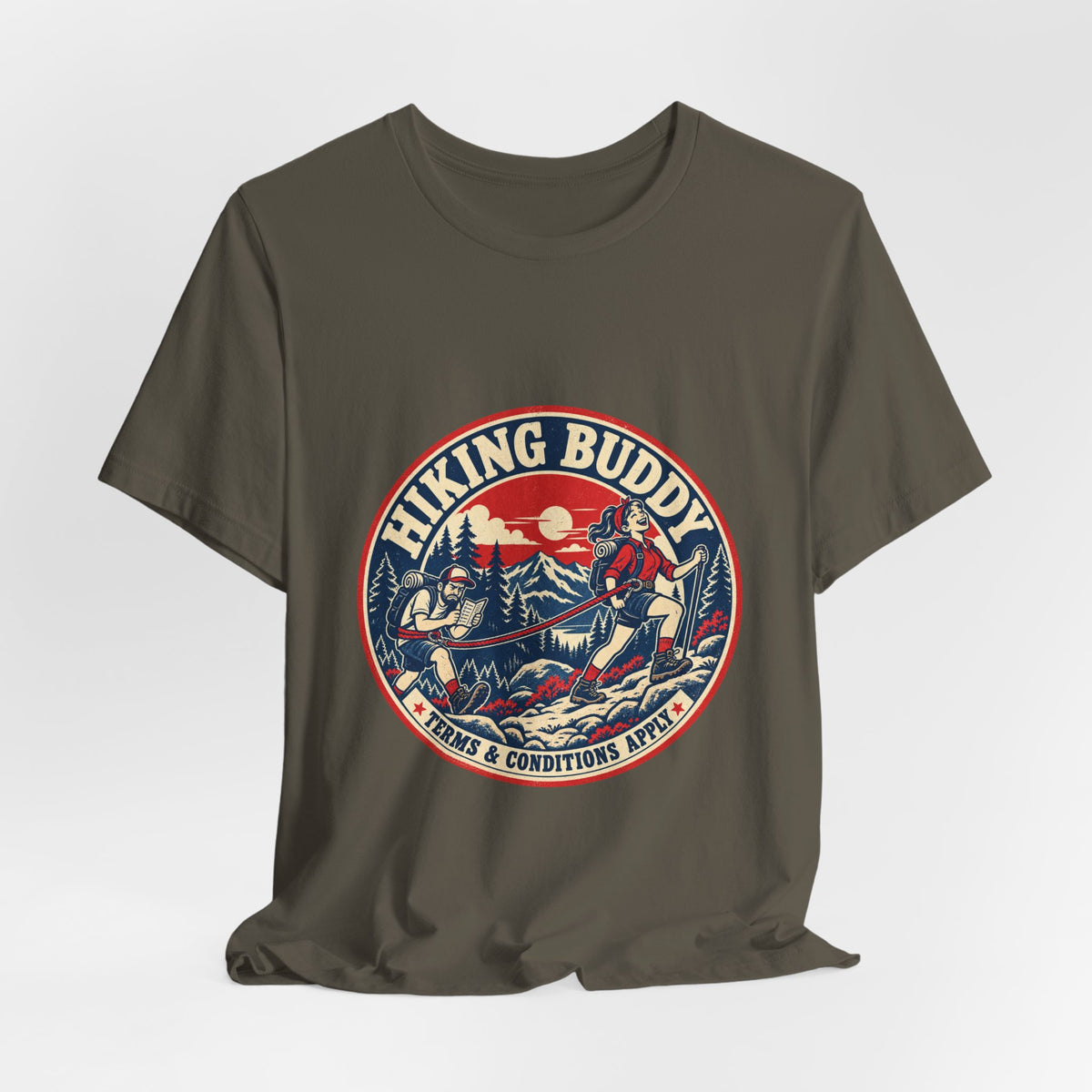 Hiking Buddy T-Shirt — Vintage Mountain Trekking Tee with Terms & Conditions Apply