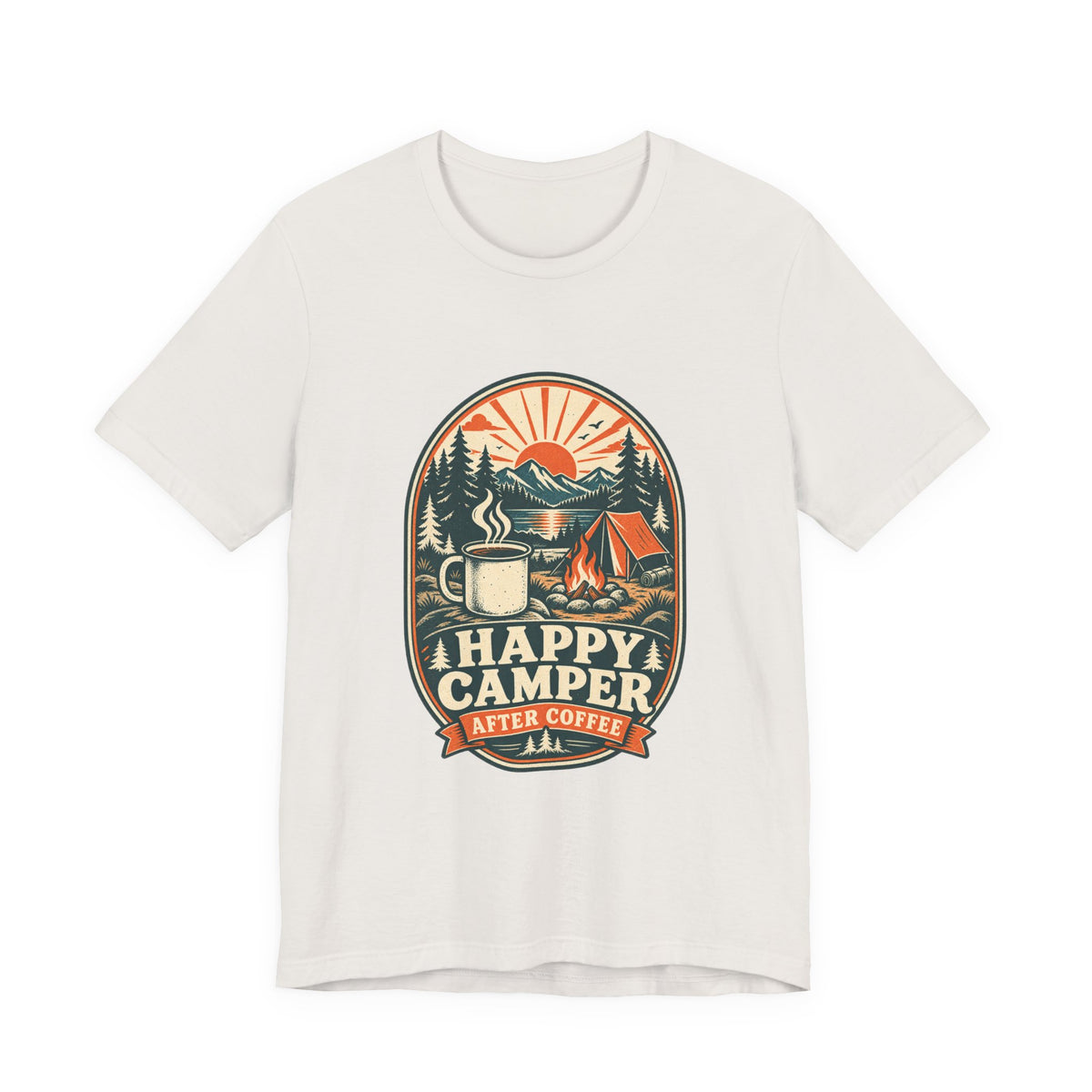 Happy Camper After Coffee T-Shirt — Vintage Camping Mug, Campfire & Mountain Tee