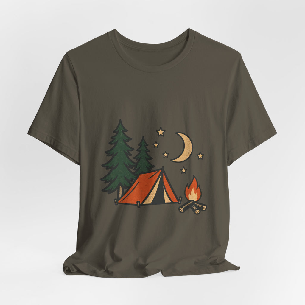 Vintage Camping Night T-Shirt with Tent, Campfire, Pine Trees, Moon and Stars
