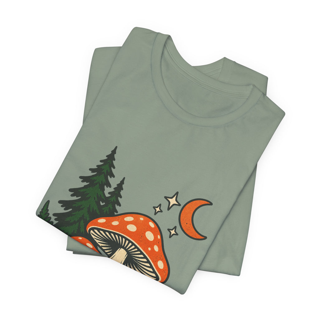 Vintage Mushroom Moon T-Shirt — Enchanted Forest Fungi Night Design