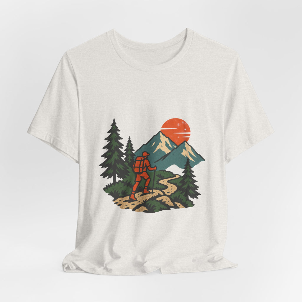 Retro Trail Hiker Mountain Sunset T-Shirt — Vintage Hiking Adventure Tee