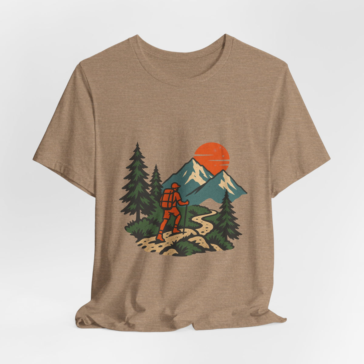 Retro Trail Hiker Mountain Sunset T-Shirt — Vintage Hiking Adventure Tee
