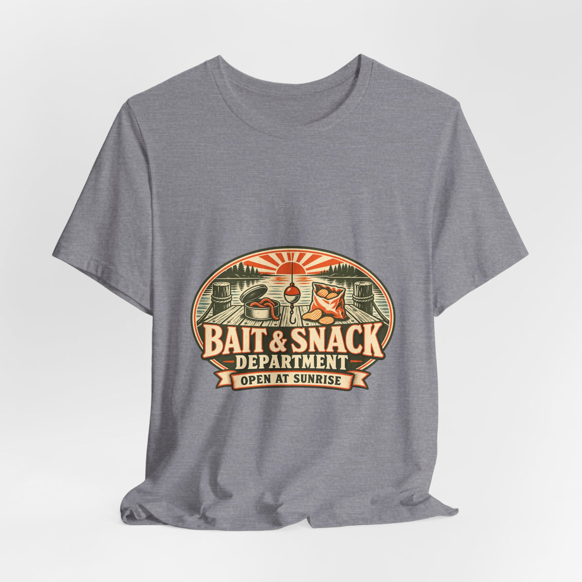 Bait & Snack Department T-Shirt — Open at Sunrise Fishing Dock Vintage Tee