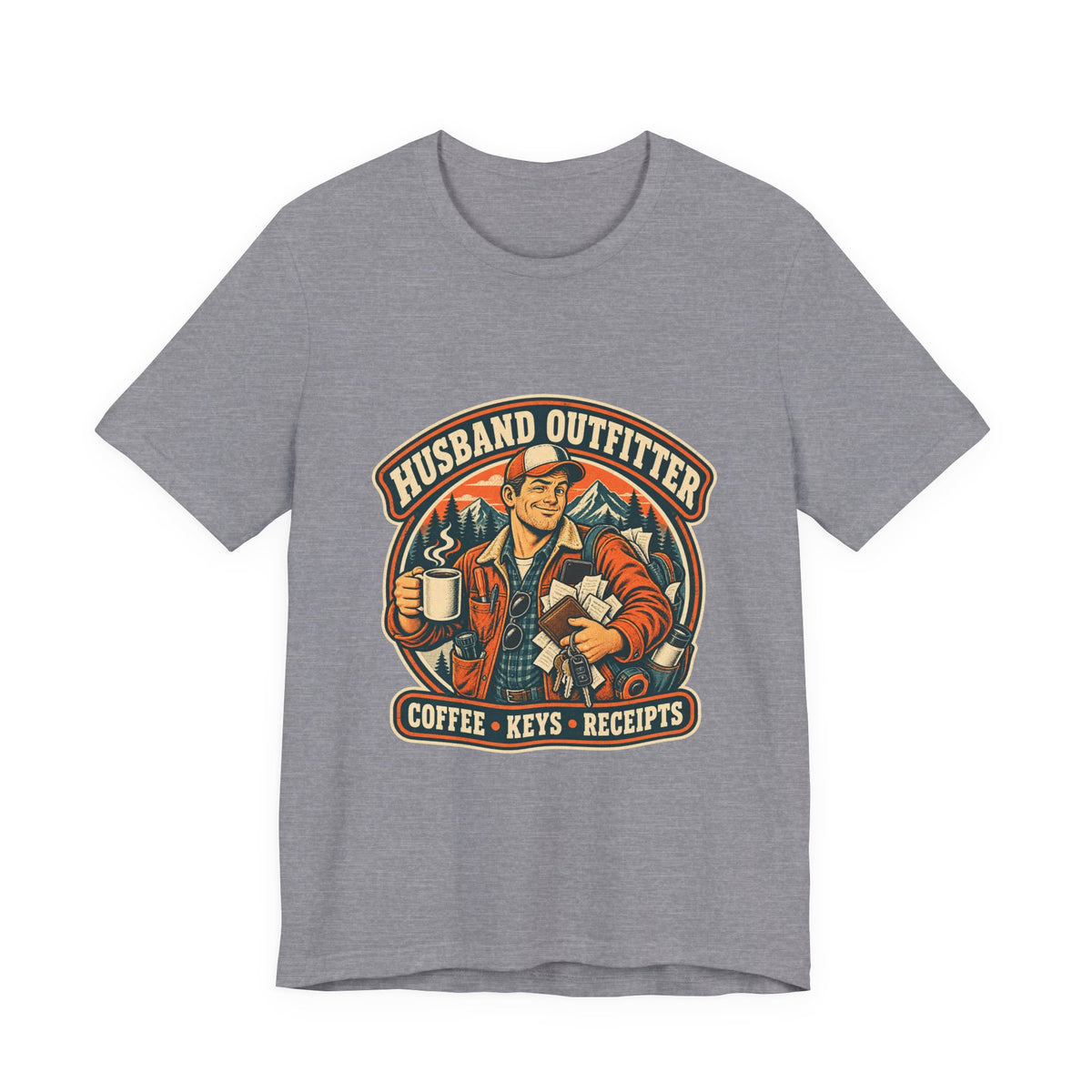 Husband Outfitter Coffee Keys Receipts T-Shirt — Retro Multitasker Husband Humor Tee