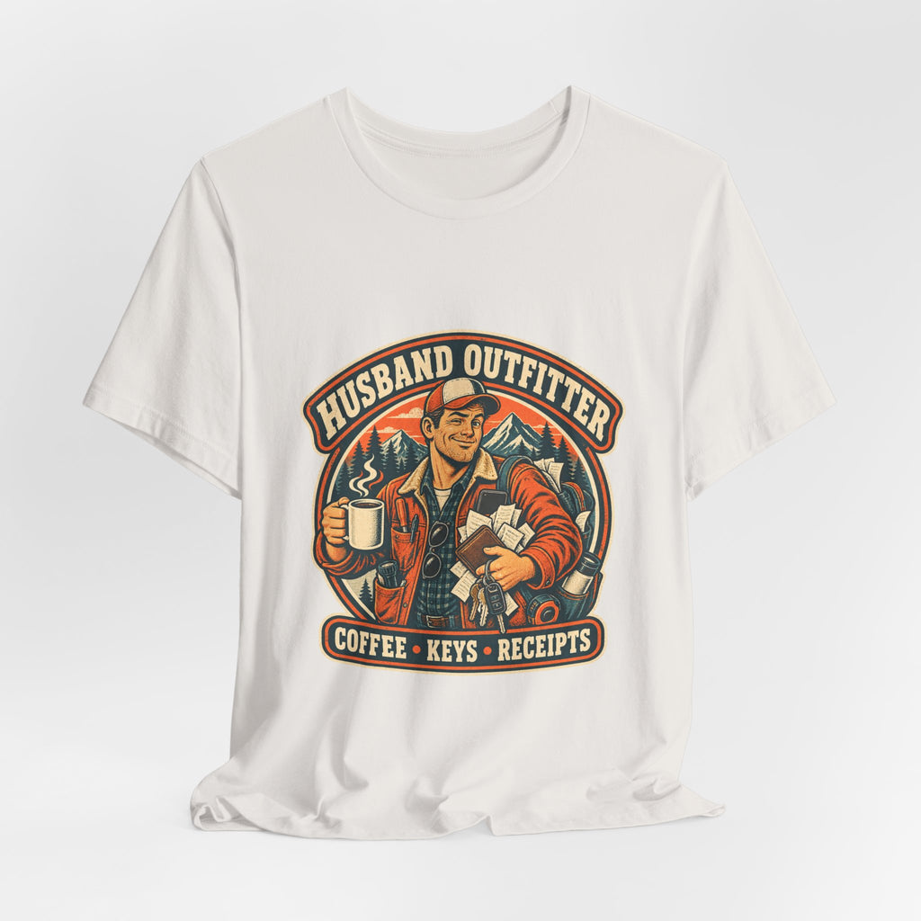 Husband Outfitter Coffee Keys Receipts T-Shirt — Retro Multitasker Husband Humor Tee