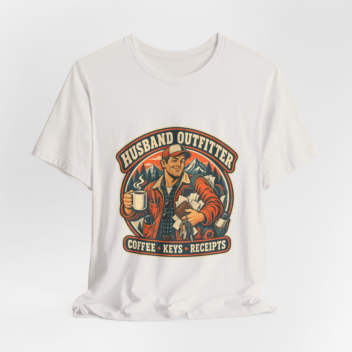 Husband Outfitter Coffee Keys Receipts T-Shirt — Retro Multitasker Husband Humor Tee