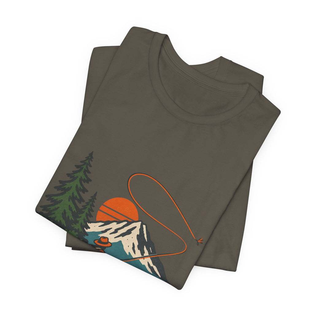 Vintage Fly Fishing Mountain Lake T-Shirt — Retro Angler Outdoors Tee
