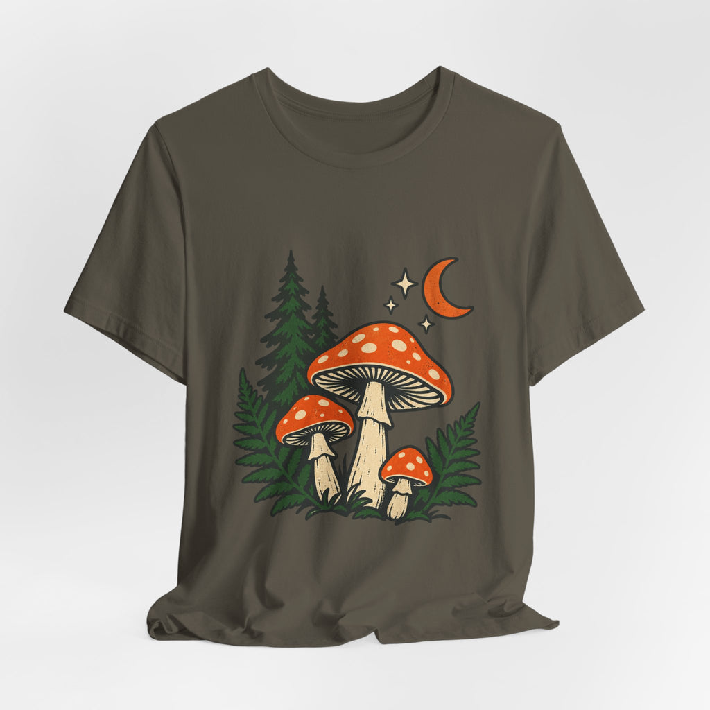 Vintage Mushroom Moon T-Shirt — Enchanted Forest Fungi Night Design