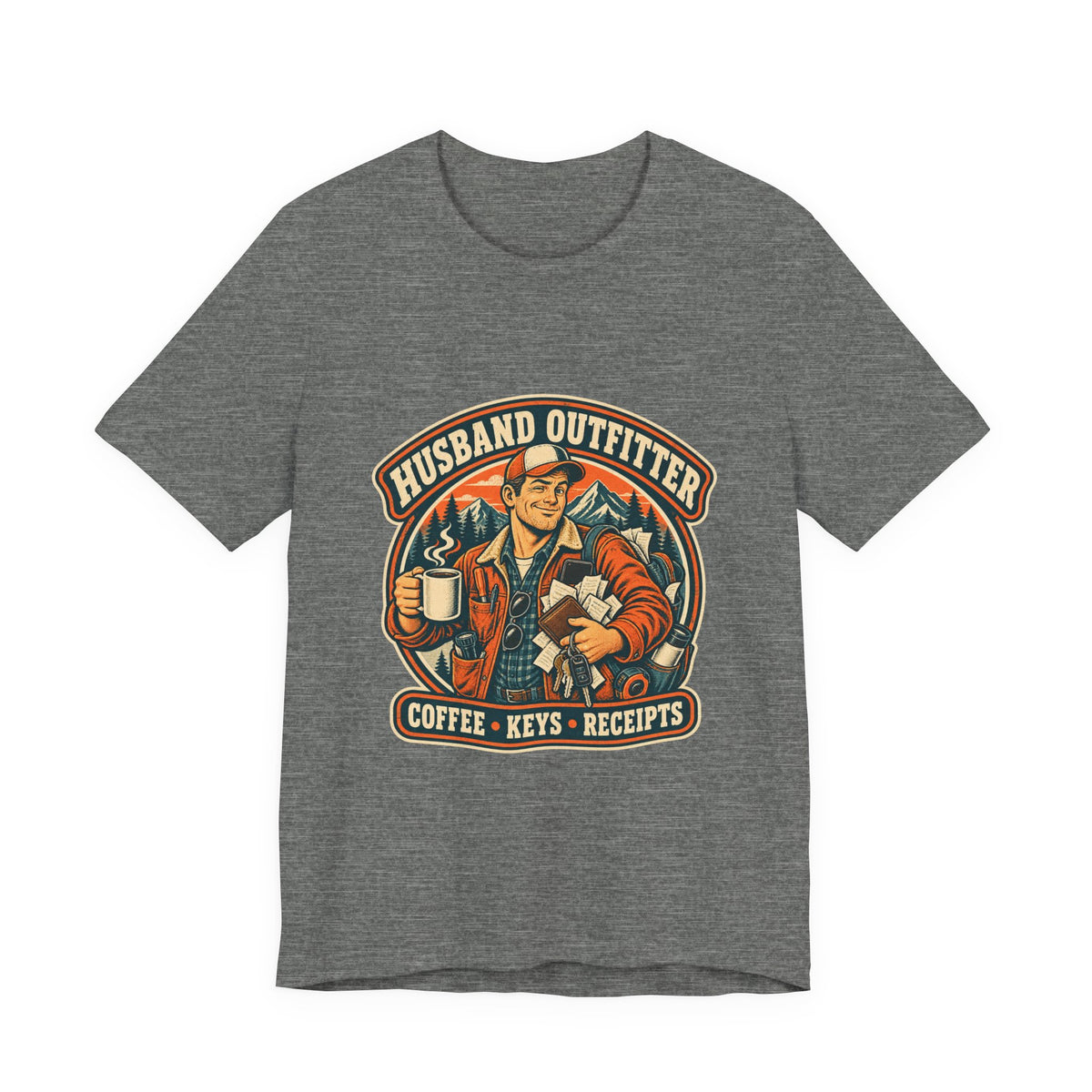 Husband Outfitter Coffee Keys Receipts T-Shirt — Retro Multitasker Husband Humor Tee