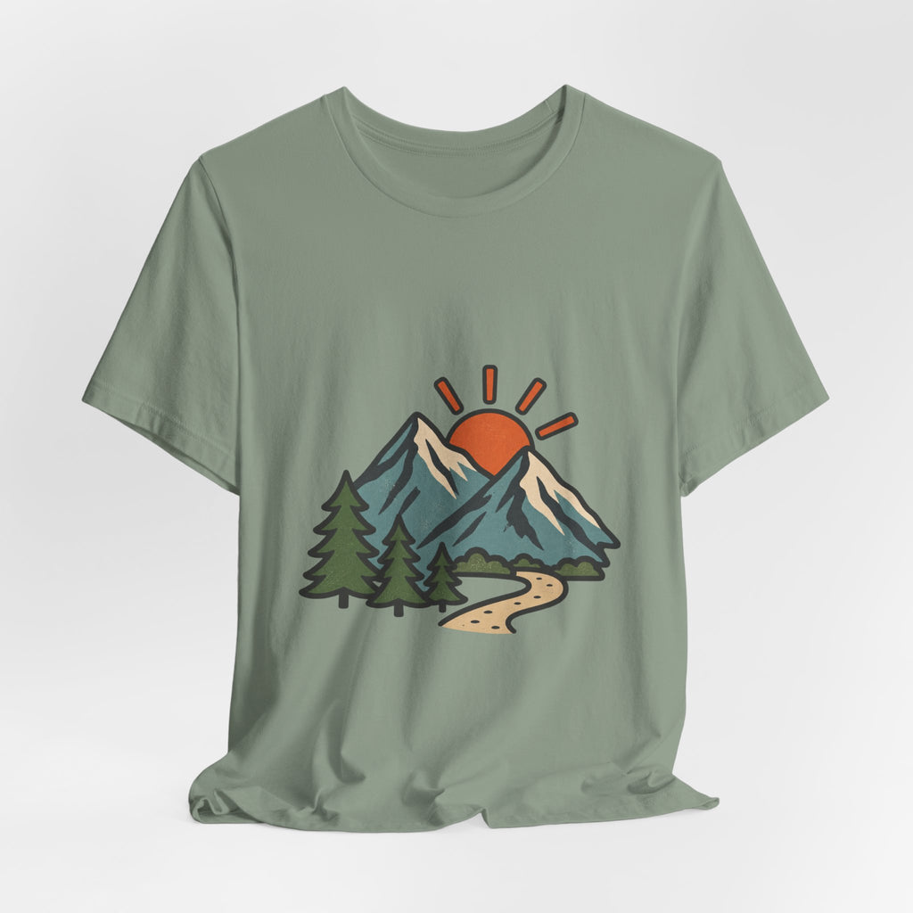 Vintage Mountain Sunrise T-Shirt — Retro Pine Trees, Scenic Hiking Trail & Outdoor Adventure Tee
