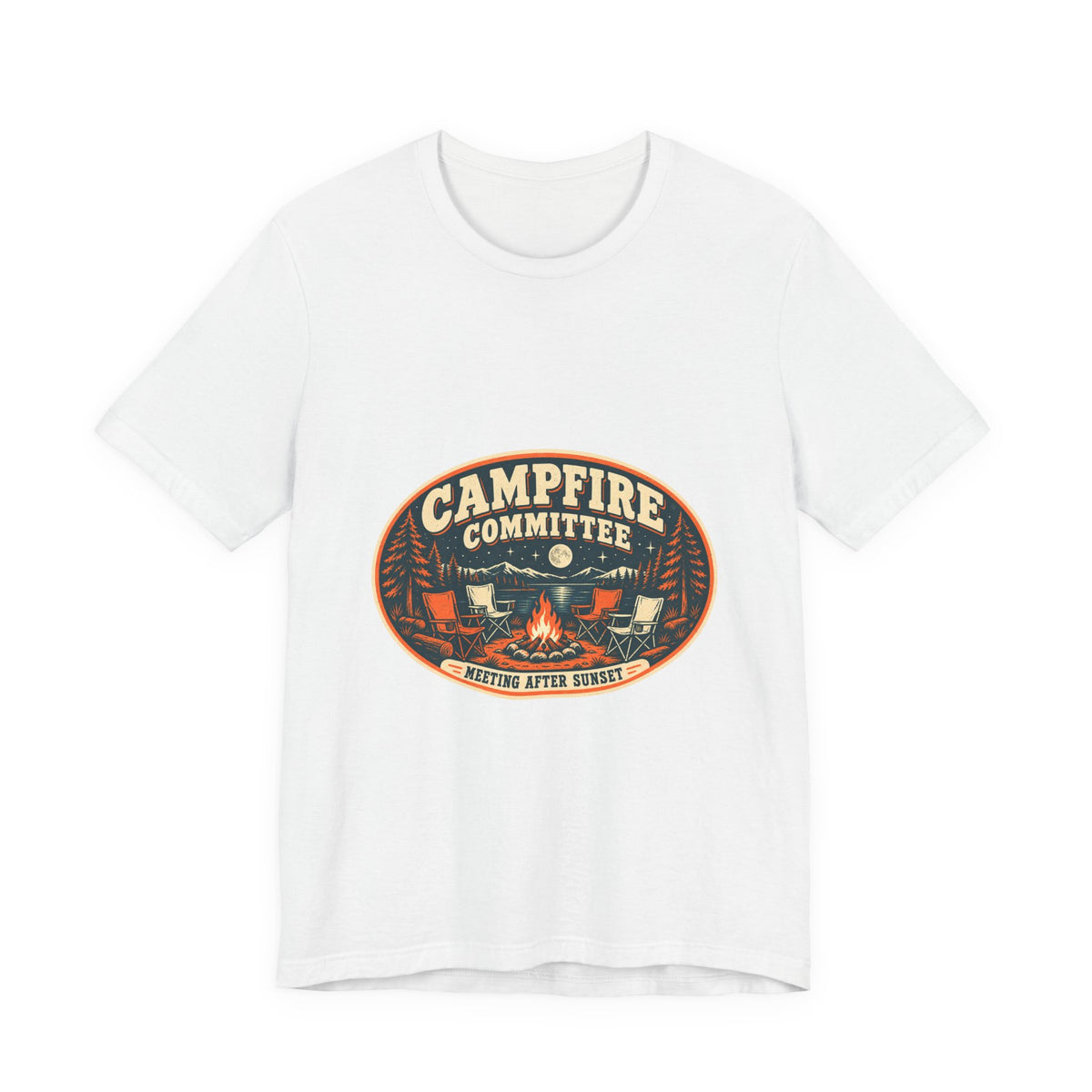 Campfire Committee T-Shirt — Meeting After Sunset Vintage Camping Badge Tee