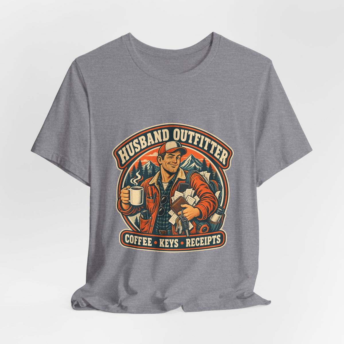 Husband Outfitter Coffee Keys Receipts T-Shirt — Retro Multitasker Husband Humor Tee