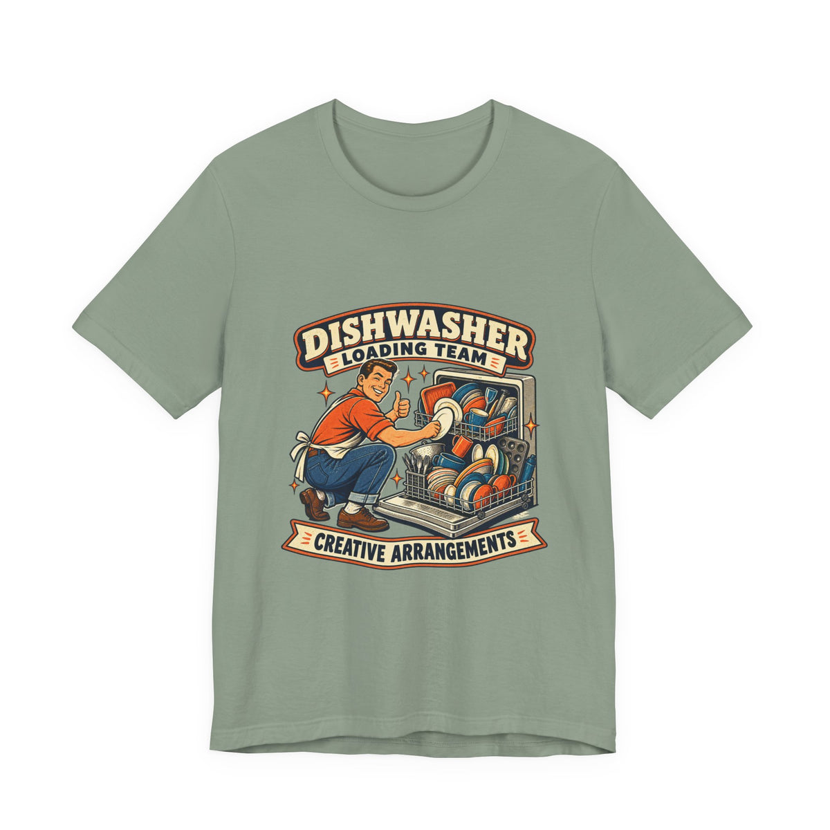 Dishwasher Loading Team T-Shirt, Creative Arrangements Retro Kitchen Humor Tee