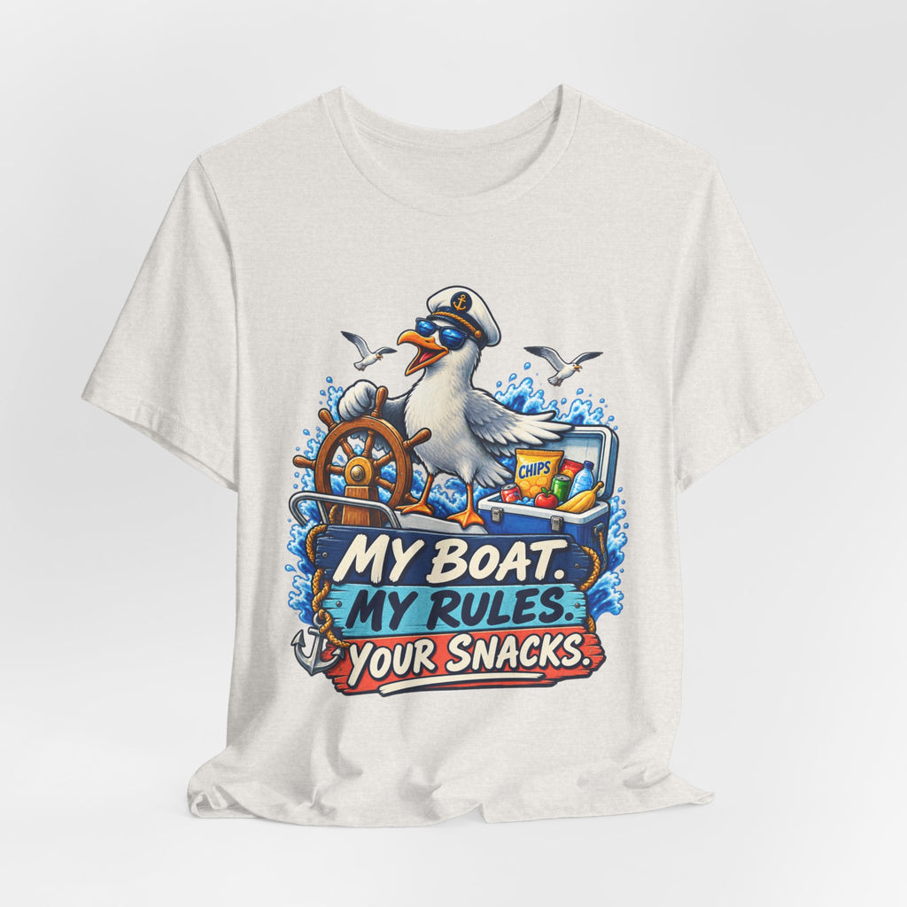 My Boat My Rules Your Snacks T-Shirt — Funny Nautical Seagull Captain Boating Tee