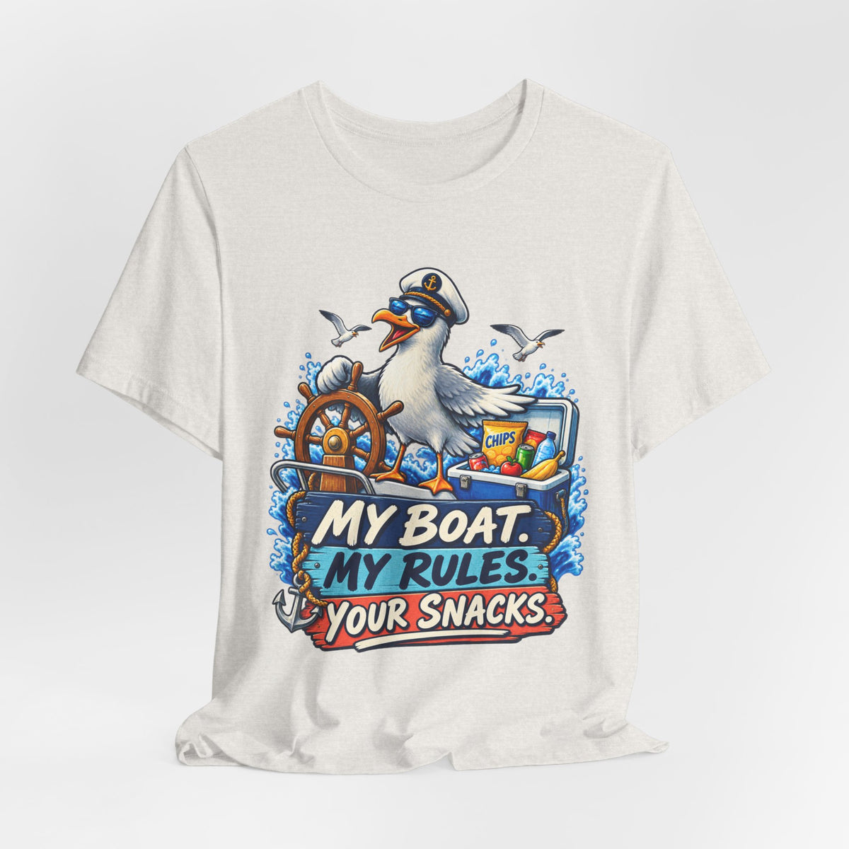 My Boat My Rules Your Snacks T-Shirt — Funny Nautical Seagull Captain Boating Tee