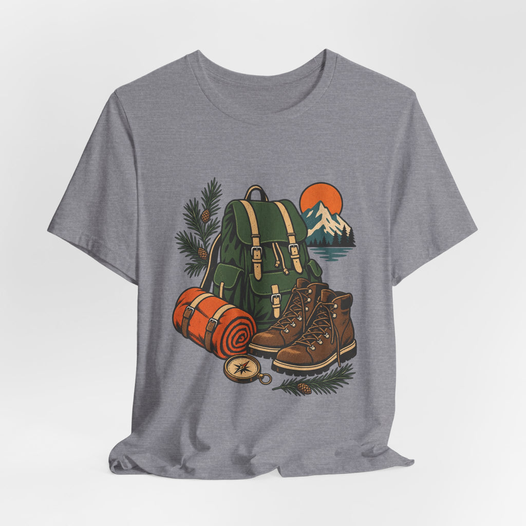 Vintage Hiking Adventure T-Shirt — Backpack, Boots, Compass and Mountain Camping Design
