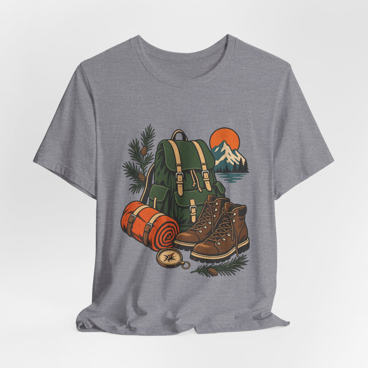 Vintage Hiking Adventure T-Shirt — Backpack, Boots, Compass and Mountain Camping Design