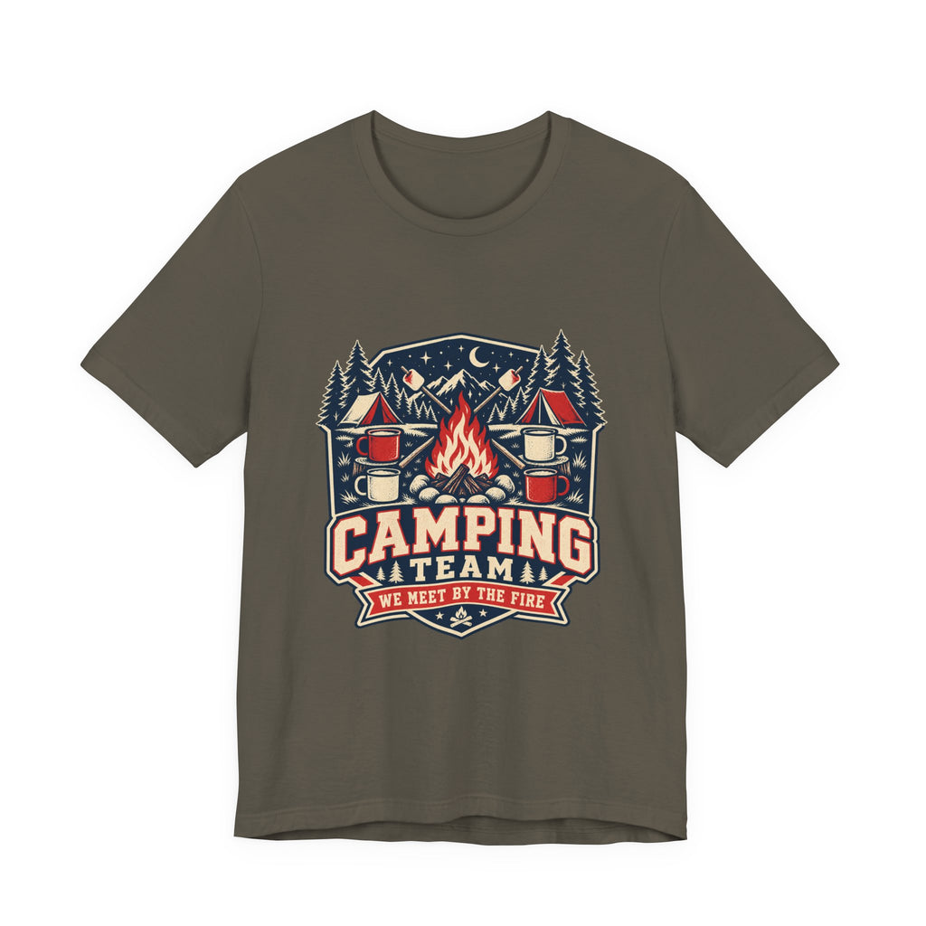 Camping Team T-Shirt — Vintage Campfire Adventure Tee with “We Meet by the Fire”