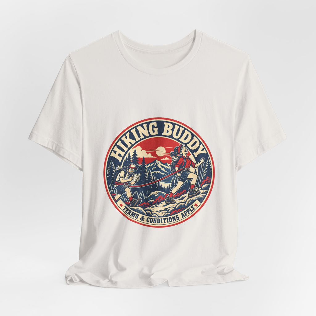 Hiking Buddy T-Shirt — Vintage Mountain Trekking Tee with Terms & Conditions Apply