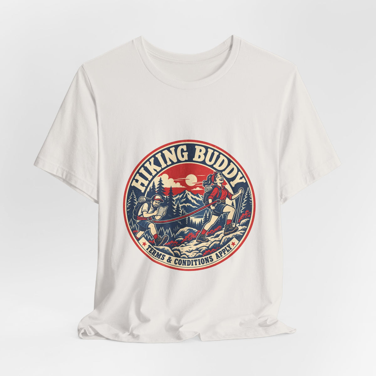 Hiking Buddy T-Shirt — Vintage Mountain Trekking Tee with Terms & Conditions Apply