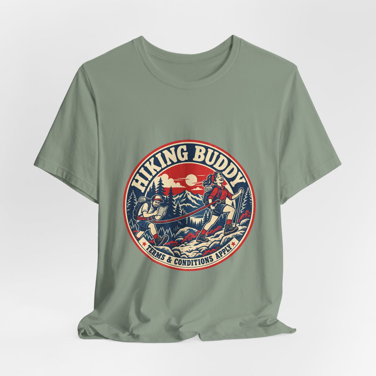 Hiking Buddy T-Shirt — Vintage Mountain Trekking Tee with Terms & Conditions Apply