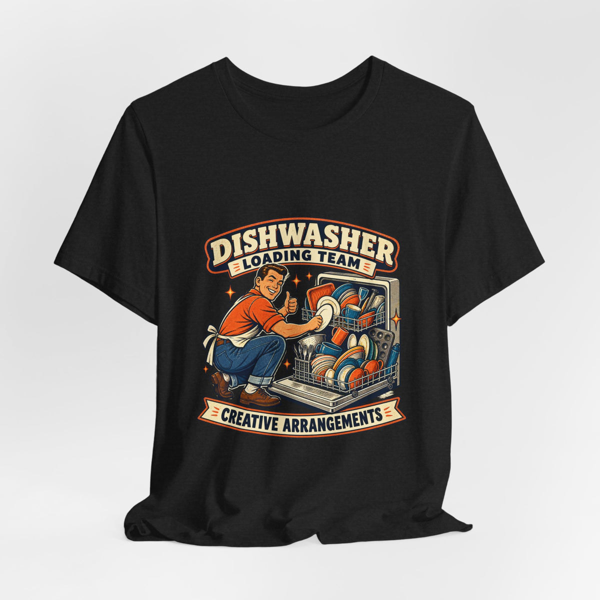 Dishwasher Loading Team T-Shirt, Creative Arrangements Retro Kitchen Humor Tee