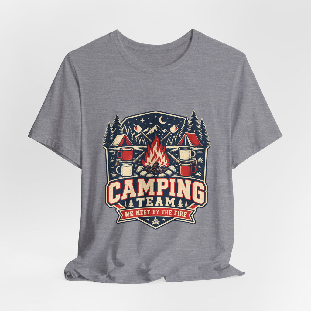 Camping Team T-Shirt — Vintage Campfire Adventure Tee with “We Meet by the Fire”
