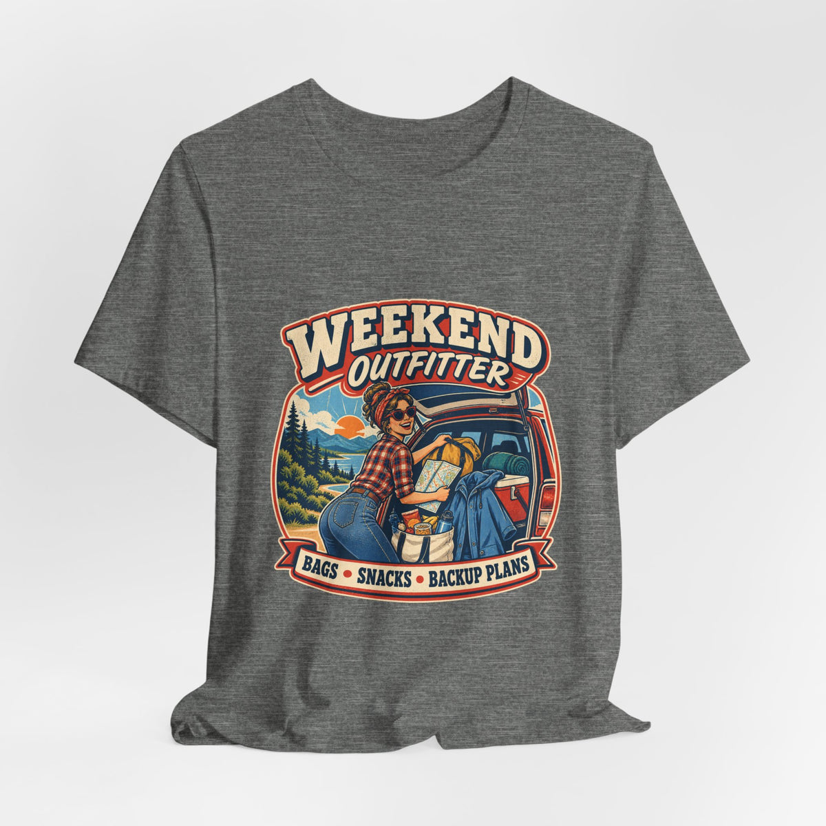 Weekend Outfitter Vintage Adventure T-Shirt — Bags Snacks Backup Plans Retro Road Trip Tee