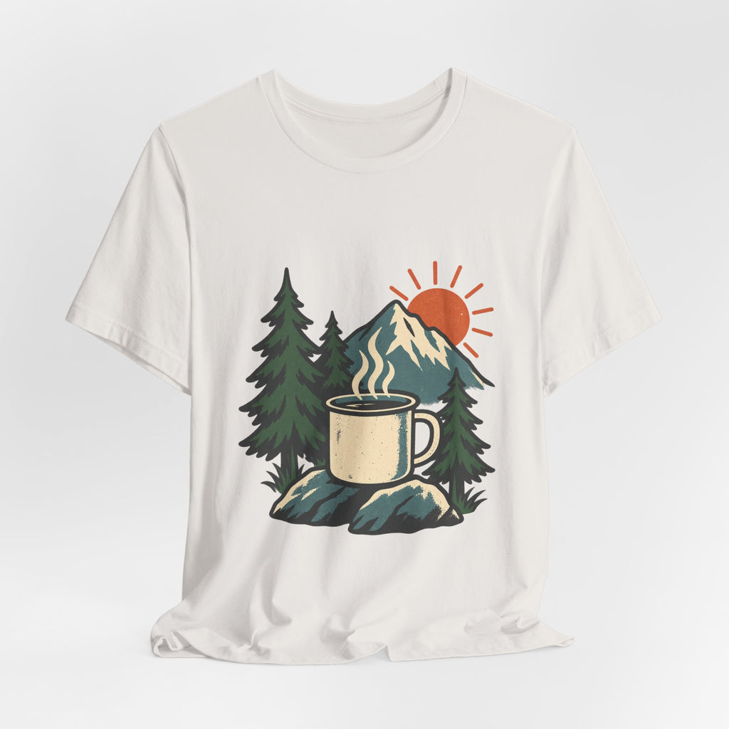 Vintage Camping Coffee Mug T-Shirt — Mountain Sunrise Outdoor Coffee Lover Tee