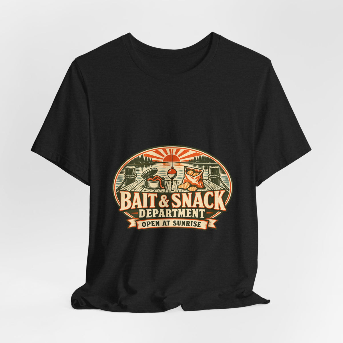 Bait & Snack Department T-Shirt — Open at Sunrise Fishing Dock Vintage Tee