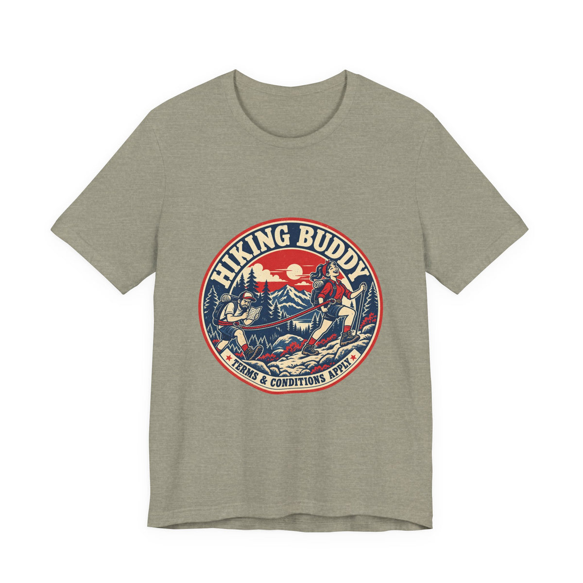 Hiking Buddy T-Shirt — Vintage Mountain Trekking Tee with Terms & Conditions Apply